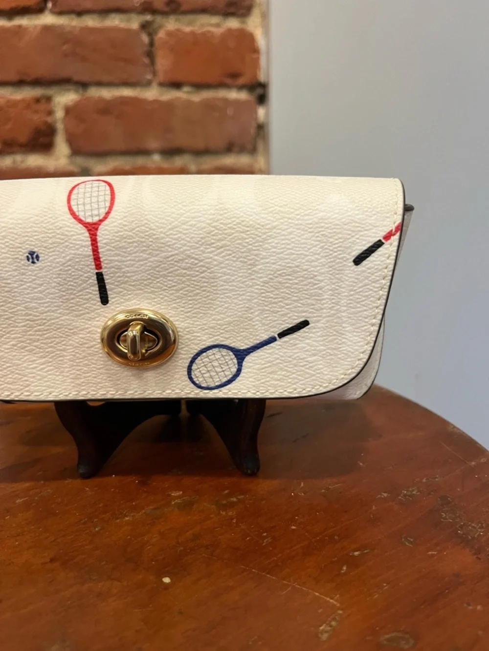 Coach Tennis Print Eyeglass Case Holder Wristlet Pouch Wallet White Leather New - Picture 2 of 15